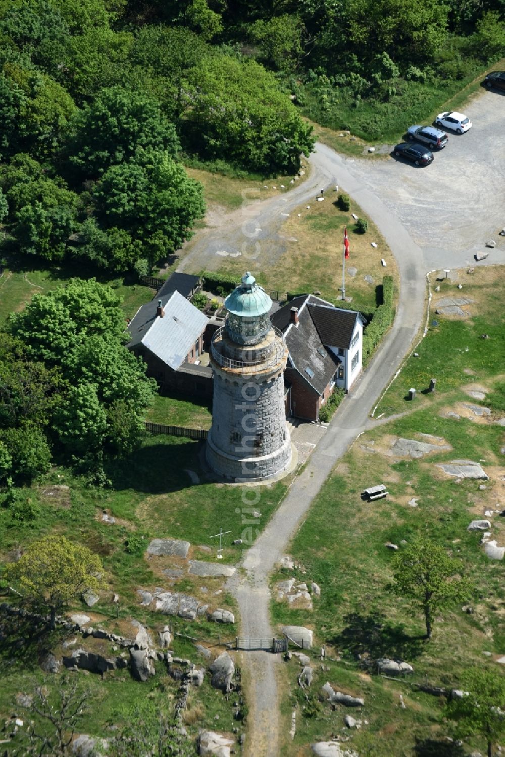 Aerial image Allinge - Lighthouse as a historic seafaring character in the coastal area of Baltic Sea on Bornholm Island in Allinge in Region Hovedstaden, Denmark