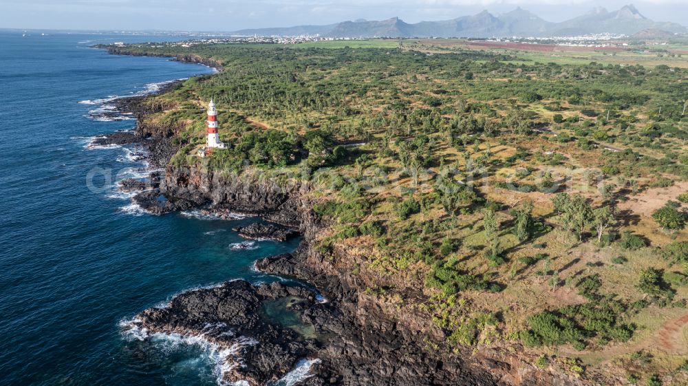 Aerial photograph Albion - Lighthouse as a historic seafaring character in the coastal area The Pointe aux Caves Lighthouse on street Unnamed Road in Albion in Riviere Noire District, Mauritius