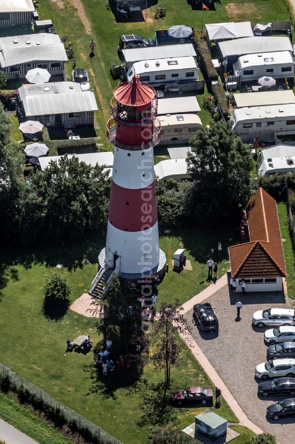 Pommerby from above - Lighthouse as a historic seafaring character Leuchtturm Falshoeft on Sibbeskjaer in Pommerby in the state Schleswig-Holstein, Germany