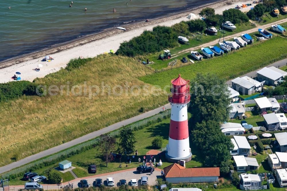 Pommerby from the bird's eye view: Lighthouse as a historic seafaring character Leuchtturm Falshoeft on Sibbeskjaer in Pommerby in the state Schleswig-Holstein, Germany