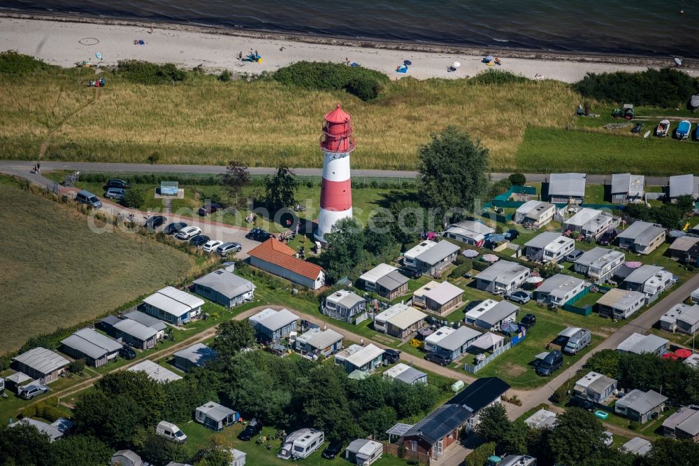 Aerial image Pommerby - Lighthouse as a historic seafaring character Leuchtturm Falshoeft on Sibbeskjaer in Pommerby in the state Schleswig-Holstein, Germany