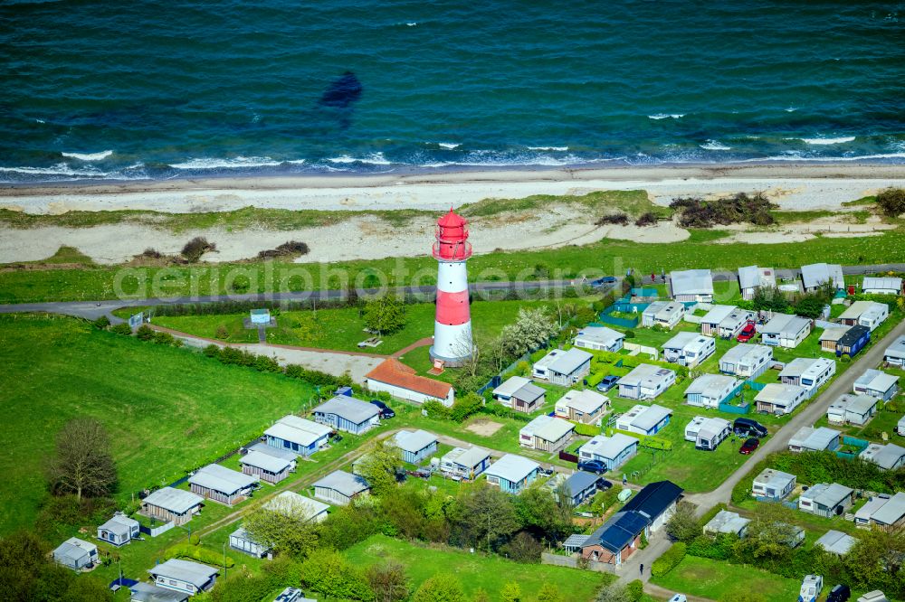 Pommerby from above - Lighthouse as a historic seafaring character Leuchtturm Falshoeft on Sibbeskjaer in Pommerby in the state Schleswig-Holstein, Germany