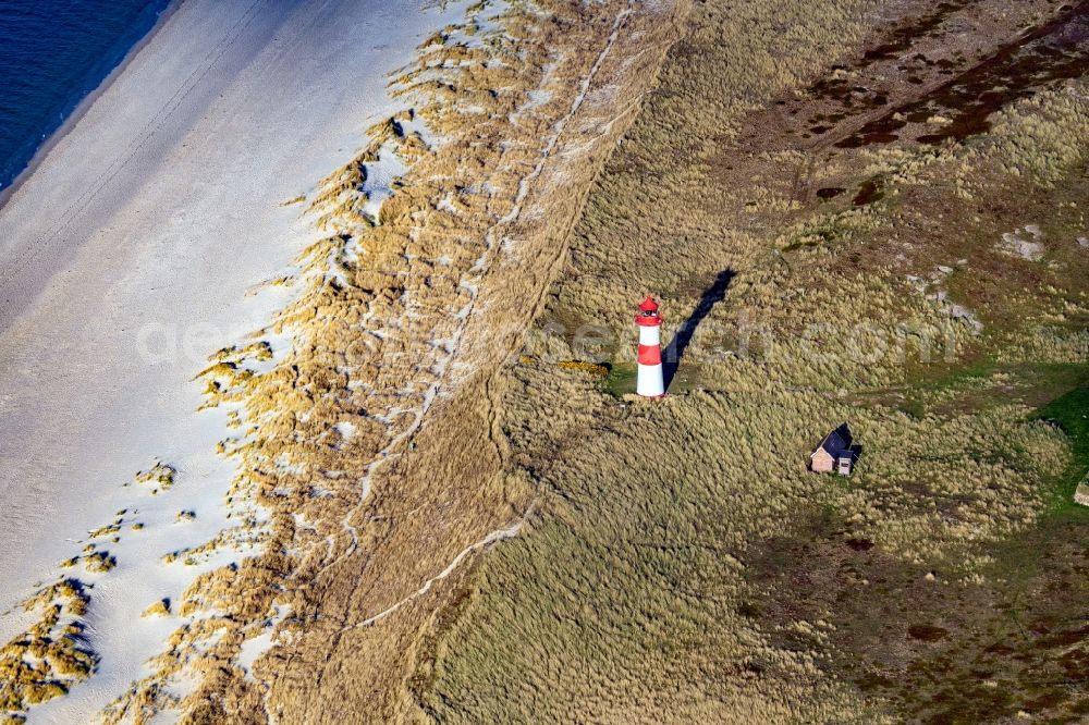 Aerial image List - Lighthouse as a historic seafaring character List Ost in List at the island Sylt in the state Schleswig-Holstein, Germany