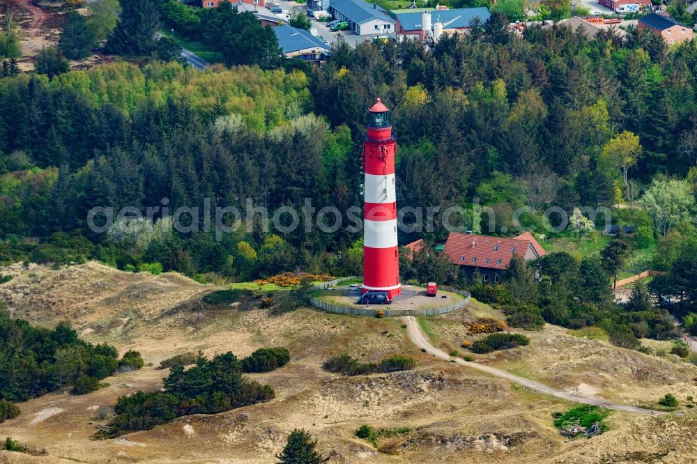 Nebel from above - Lighthouse as a historic seafaring character Amrum in Nebel auf Amrum in the state Schleswig-Holstein, Germany