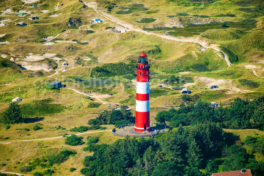 Nebel from the bird's eye view: Lighthouse as a historic seafaring character Amrum in Nebel auf Amrum in the state Schleswig-Holstein, Germany