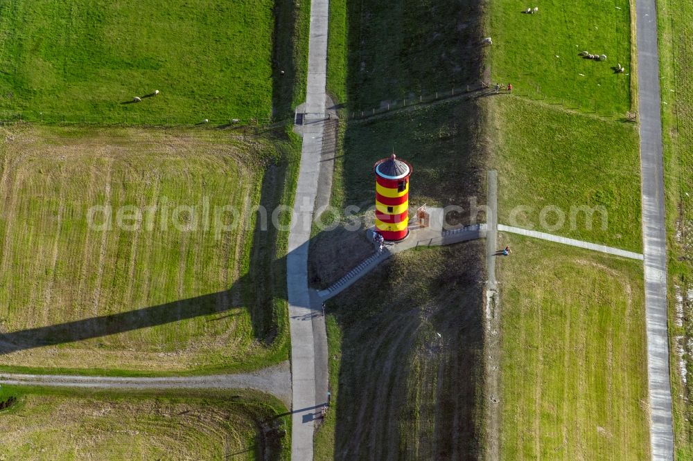 Aerial image Krummhörn - Lighthouse as the historical nautical sign Pilsum lighthouse in Krummhorn in the state Lower Saxony, Germany