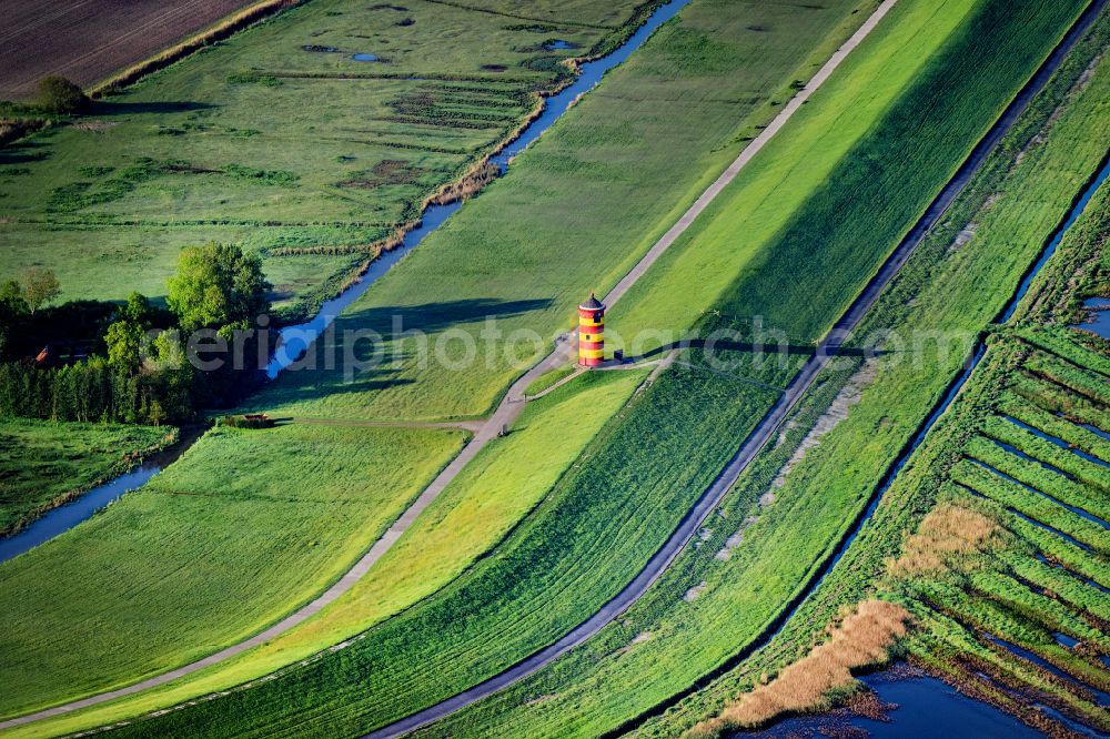 Aerial image Krummhörn - Lighthouse as the historical nautical sign Pilsum lighthouse in Krummhorn in the state Lower Saxony, Germany