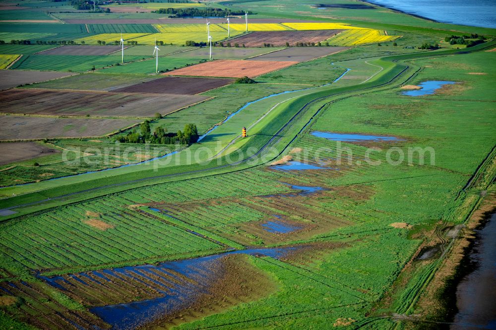 Aerial photograph Krummhörn - Lighthouse as the historical nautical sign Pilsum lighthouse in Krummhorn in the state Lower Saxony, Germany