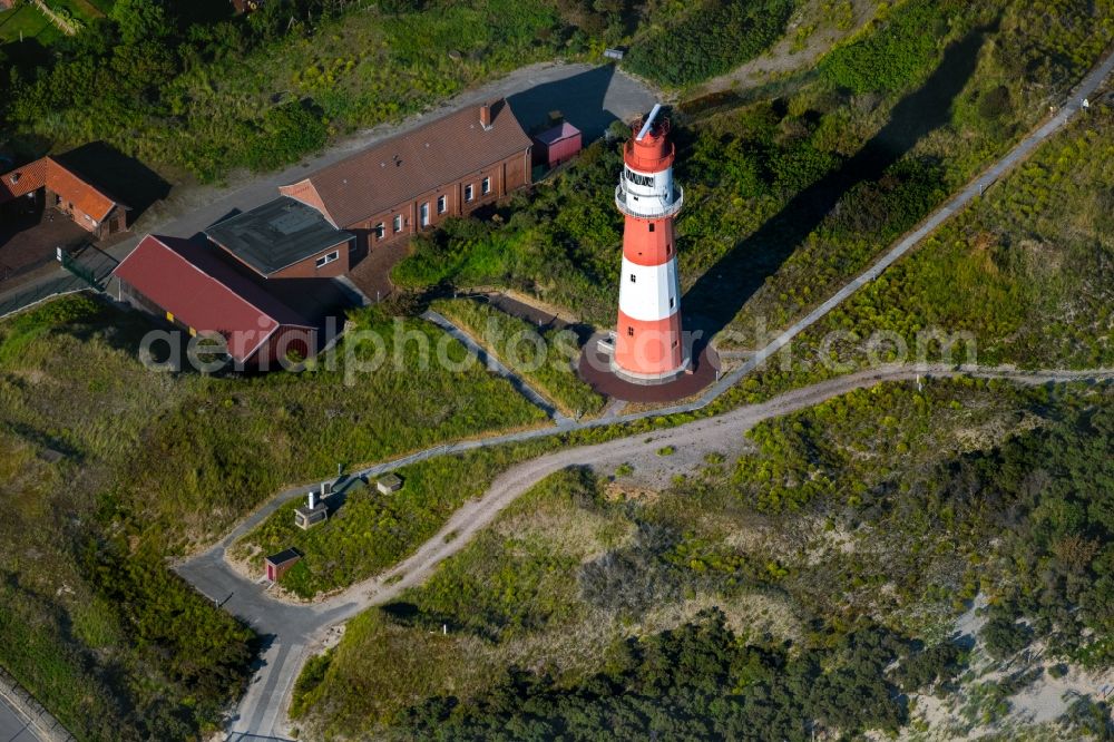 Borkum from the bird's eye view: Lighthouse as a seafaring character in the coastal area of Nordsee in Borkum in the state Lower Saxony, Germany