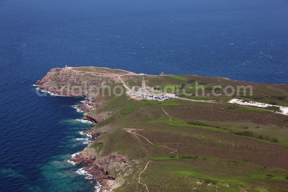 Aerial image Plevenon - Lighthouse as a seafaring character in the coastal area of the district Cap Frehel in Plevenon in Brittany, France