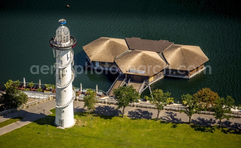 Aerial image Wien - View of the lighthouse on the Donauinsel on the banks of the Danube in Vienna in Austria. The lighthouse is a part of SUNKEN CITY on the Donauinsel. It is an artificial island. Right next to the lighthouse the Sansibar is located on the banks of the Danube