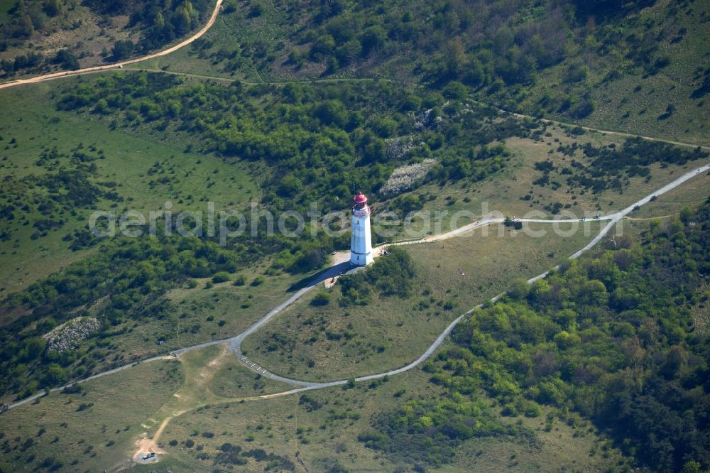 Insel Hiddensee from the bird's eye view: Lighthouse Dornbusch as a historic seafaring character in the coastal area of the baltic sea isaland Hiddensee in the state Mecklenburg - Western Pomerania