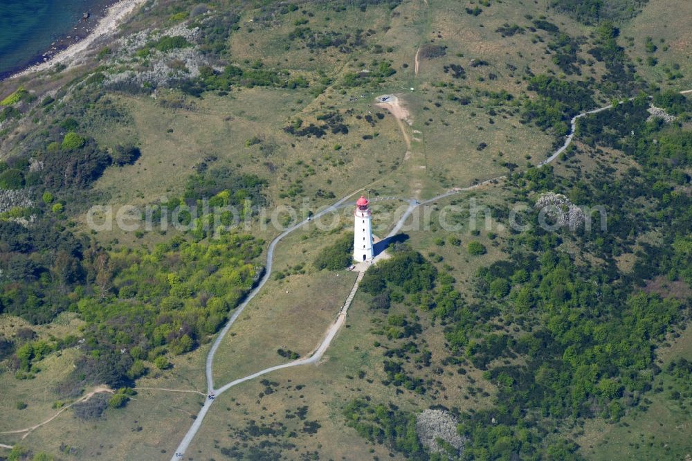 Insel Hiddensee from the bird's eye view: Lighthouse Dornbusch as a historic seafaring character in the coastal area of the baltic sea isaland Hiddensee in the state Mecklenburg - Western Pomerania