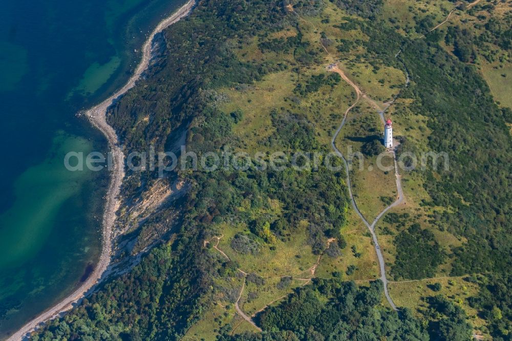 Aerial image Insel Hiddensee - Lighthouse Dornbusch as a historic seafaring character in the coastal area of the baltic sea isaland Hiddensee in the state Mecklenburg - Western Pomerania