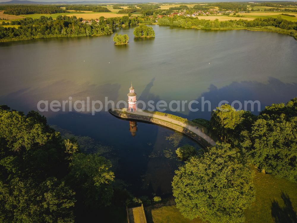 Moritzburg from the bird's eye view: The lighthouse in Moritzburg is an inland lighthouse in Saxony. The lighthouse was built in the late 18th century as part of a backdrop for re-enactments of naval battles in Moritzburg in the state of Saxony, Germany