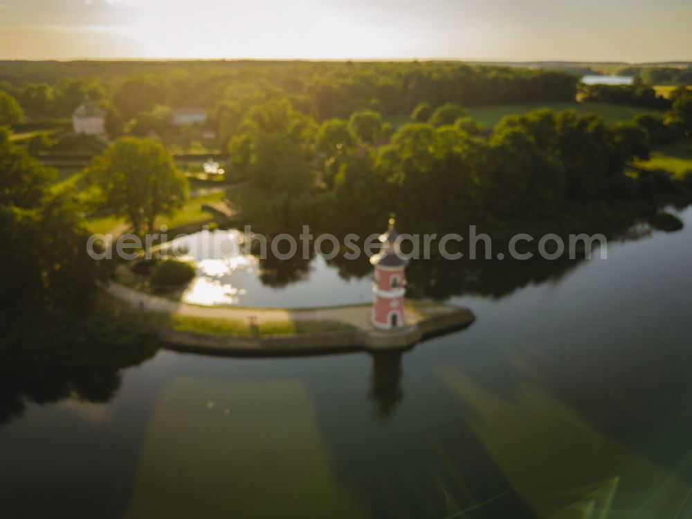 Aerial photograph Moritzburg - The lighthouse in Moritzburg is an inland lighthouse in Saxony. The lighthouse was built in the late 18th century as part of a backdrop for re-enactments of naval battles in Moritzburg in the state of Saxony, Germany