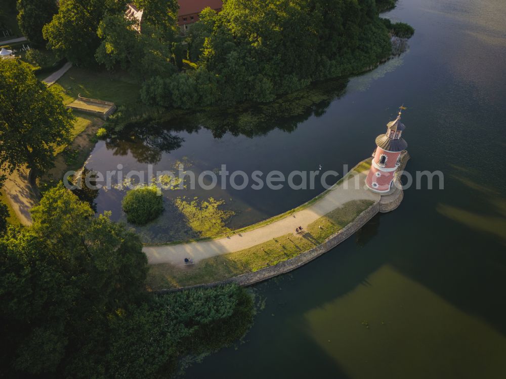 Moritzburg from the bird's eye view: The lighthouse in Moritzburg is an inland lighthouse in Saxony. The lighthouse was built in the late 18th century as part of a backdrop for re-enactments of naval battles in Moritzburg in the state of Saxony, Germany