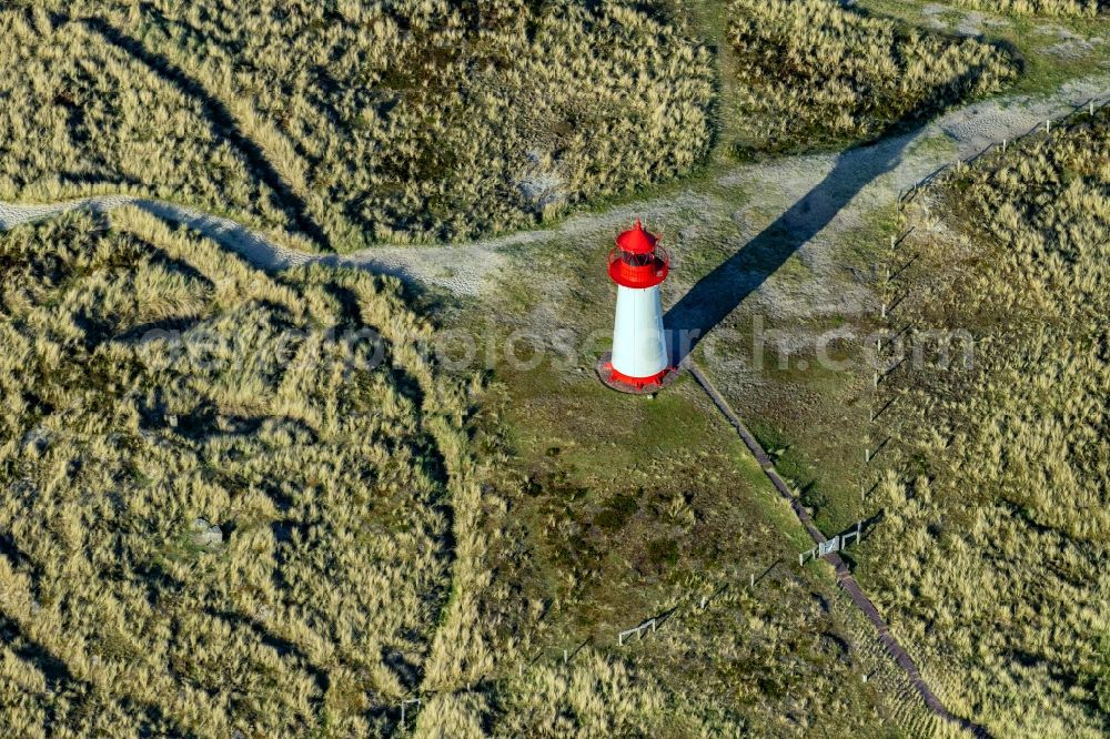List from the bird's eye view: Lighthouse as a historic seafaring character in the coastal area List-West in List at the island Sylt in the state Schleswig-Holstein, Germany