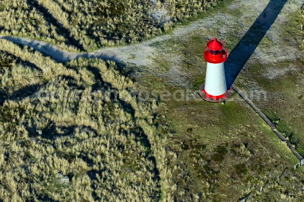 Aerial image List - Lighthouse as a historic seafaring character in the coastal area List-West in List at the island Sylt in the state Schleswig-Holstein, Germany