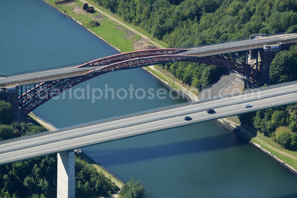 Kiel from above - Road bridge construction of Levensauer High bridge in Kiel in the state of Schleswig-Holstein. The two bridges - one for rail lines and the other including the federal highway B76 - span the Kiel Canal