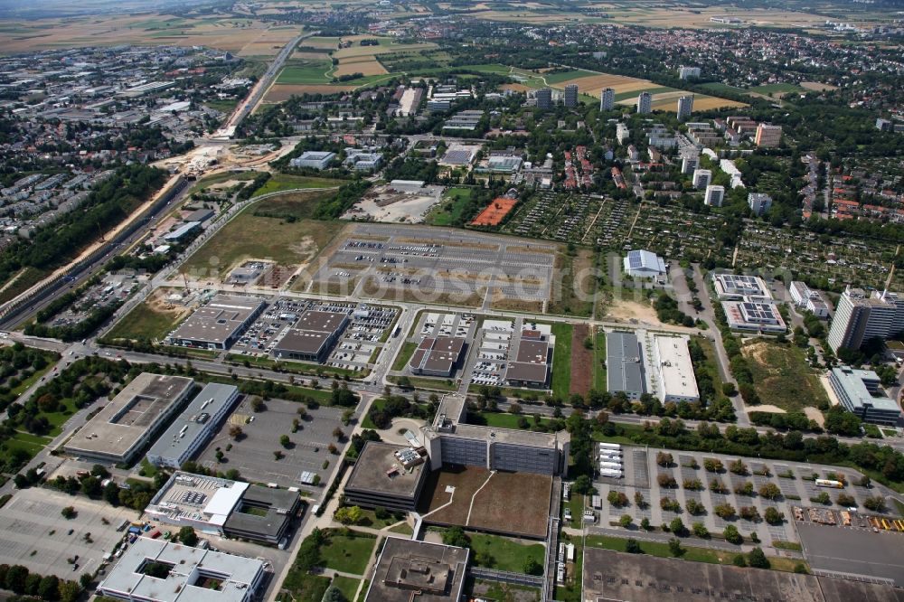 Mainz from above - Loehr Automeile in Mainz in Rhineland-Palatinate. The Loehr & Becker Aktiengesellschaft is one of the largest in terms of sales ten automotive trade groups in Germany. The Group currently operates 26 operational dealerships