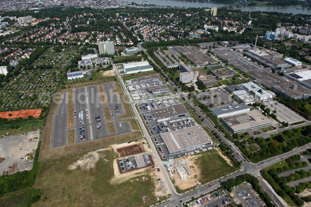 Mainz from above - Loehr Automeile in Mainz in Rhineland-Palatinate. The Loehr & Becker Aktiengesellschaft is one of the largest in terms of sales ten automotive trade groups in Germany. The Group currently operates 26 operational dealerships