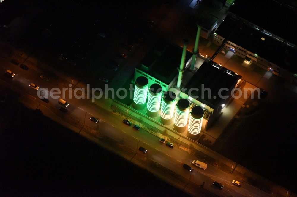 Berlin from above - Light installation at Energieunternehmens heating plant of BTB Blockheizkraftwerks- Traeger und Betreibergesellschaft mbH in Berlin in Germany