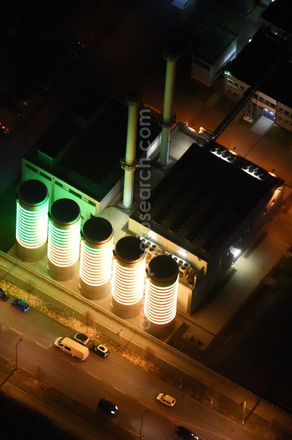 Berlin from the bird's eye view: Light installation at Energieunternehmens heating plant of BTB Blockheizkraftwerks- Traeger und Betreibergesellschaft mbH in Berlin in Germany