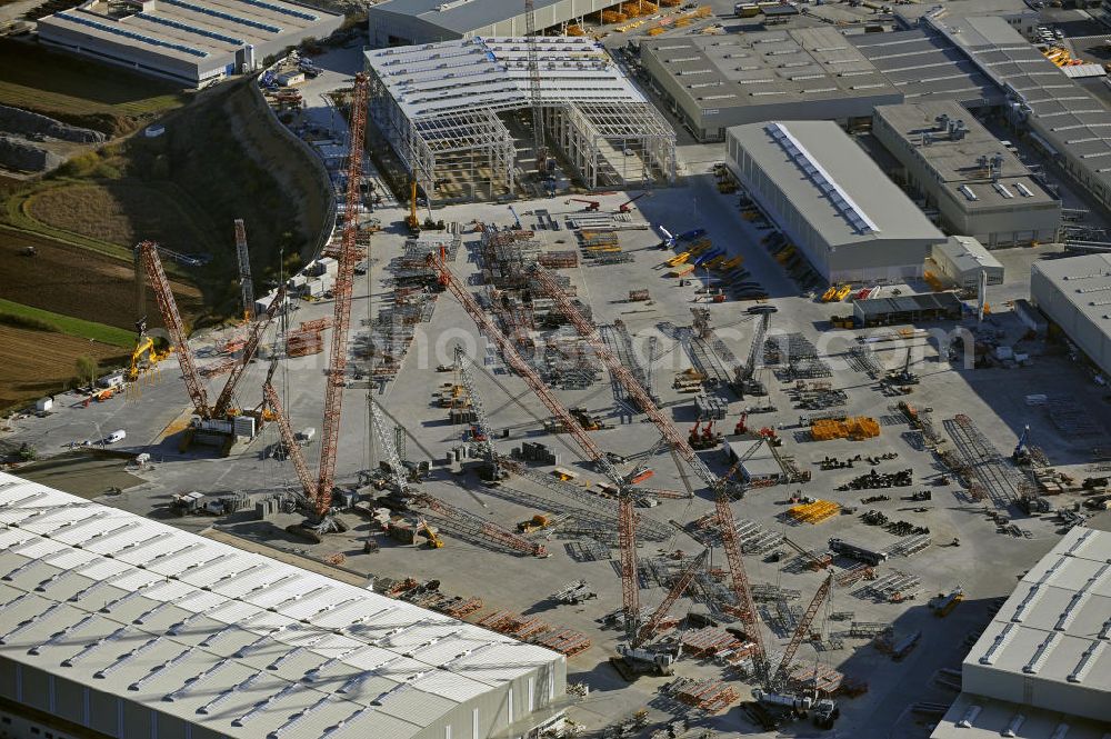 Aerial photograph Ehingen - Blick auf das Gelände der Liebherr-Werk Ehingen GmbH. Die Tochter der Liebherr-International AG gehört zu den weltweit führenden Herstellern von Fahrzeugkranen. Momentan wird das Gelände erweitert. View of the site of the Liebherr-Werk GmbH Ehingen.