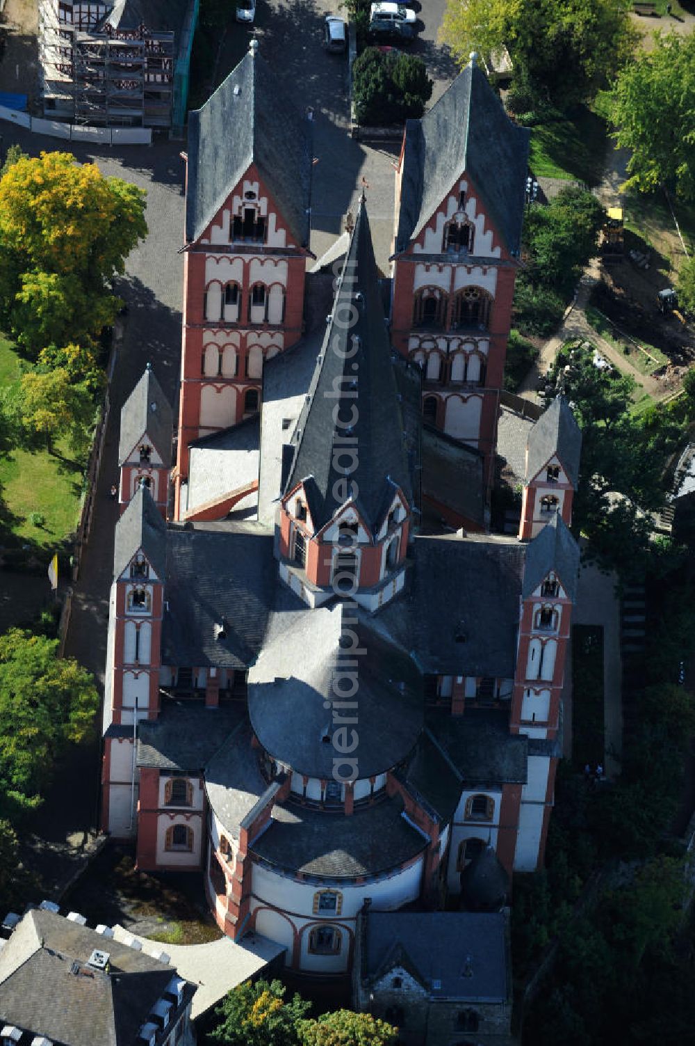 Limburg an der Lahn from above - Views of the cathedral of Limburg, also called Georgsdom above the old town of Limburg in Hesse. The building is now considered one of the most perfect creations of late Romanesque architecture