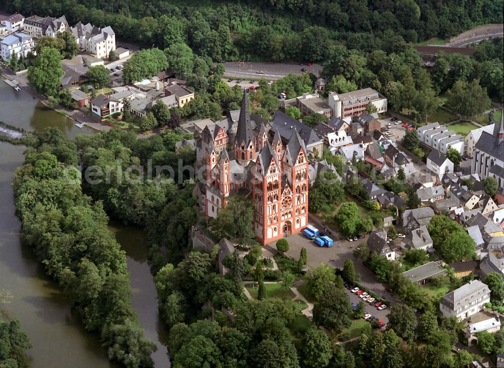 Aerial image LIMBURG an der Lahn - Views of the cathedral of Limburg, also called Georgsdom above the old town of Limburg in Hesse. The building is now considered one of the most perfect creations of late Romanesque architecture