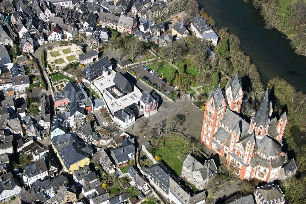 Aerial image Limburg an der Lahn - Views of the cathedral of Limburg, also called Georgsdom above the old town of Limburg in Hesse. The building is now considered one of the most perfect creations of late Romanesque architecture