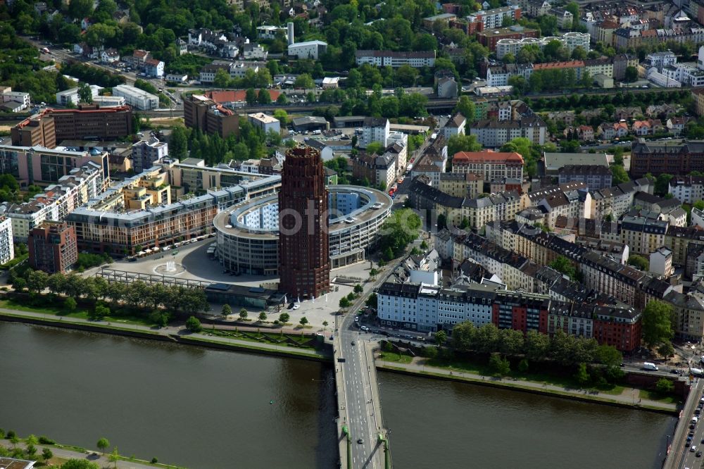 Frankfurt am Main from the bird's eye view: The Lindner Hotel & Residence Main Plaza is a skyscraper in Frankfurt am Main in Hesse. It stands on the southern side of the Main river in the Sachsenhausen district on Deutschherrnufer. The architect of the building is Hans Kollhoff