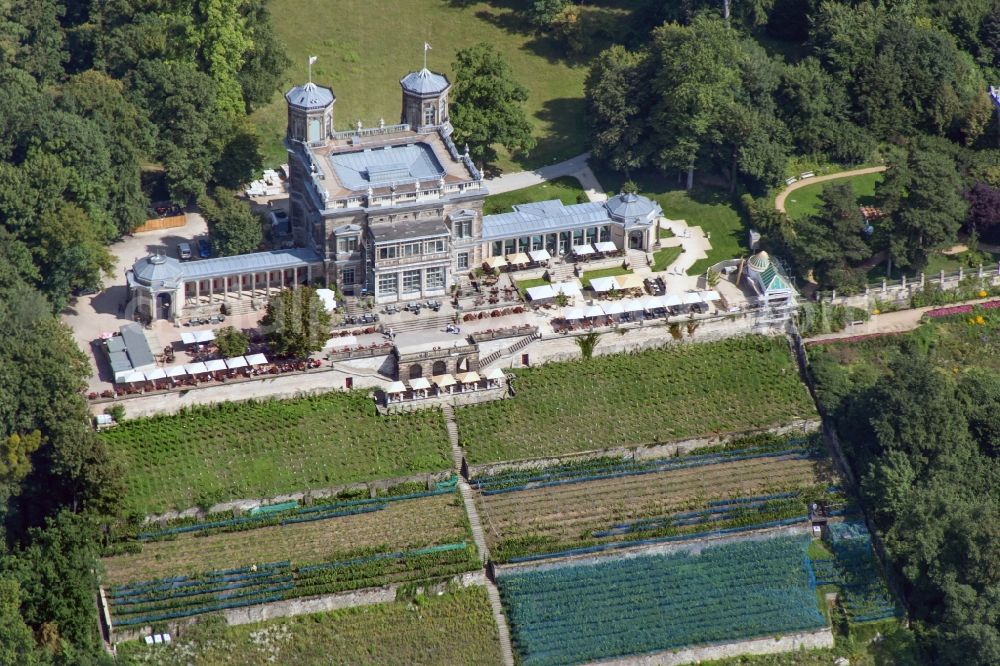 Aerial image Dresden - Lingner Castle with castle grounds and terrace is a Elbschloss in Dresden in the state Saxony. It is located on the Elbhang in the district Loschwitz