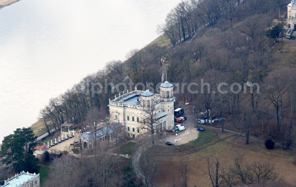 Dresden from the bird's eye view: Lingner Castle with castle grounds and terrace is a Elbschloss in Dresden in the state Saxony. It is located on the Elbhang in the district Loschwitz