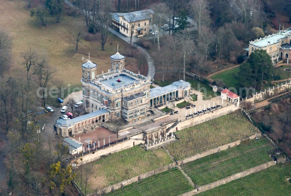 Aerial image Dresden - Lingner Castle with castle grounds and terrace is a Elbschloss in Dresden in the state Saxony. It is located on the Elbhang in the district Loschwitz