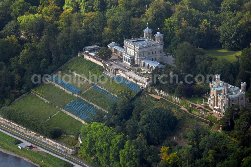 Aerial photograph Dresden - Lingner Castle with castle grounds and terrace is a Elbschloss in Dresden in the state Saxony. It is located on the Elbhang in the district Loschwitz