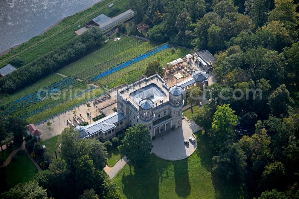 Dresden from above - Lingner Castle with castle grounds and terrace is a Elbschloss in Dresden in the state Saxony. It is located on the Elbhang in the district Loschwitz