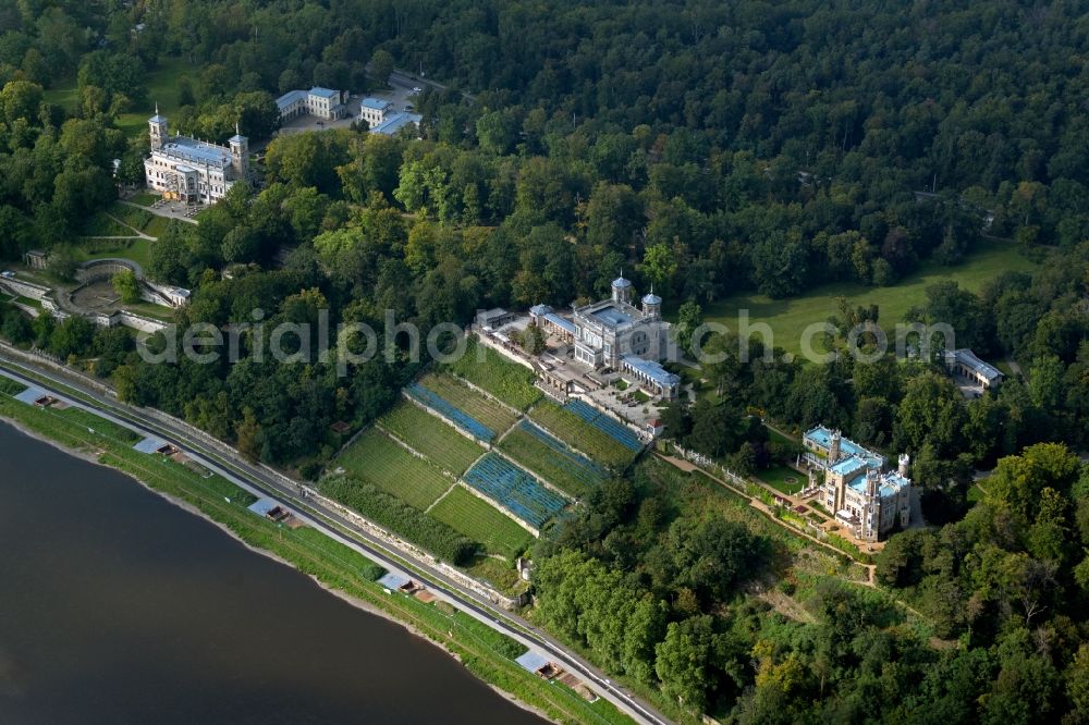 Aerial image Dresden - Lingner Castle with castle grounds and terrace is a Elbschloss in Dresden in the state Saxony. It is located on the Elbhang in the district Loschwitz