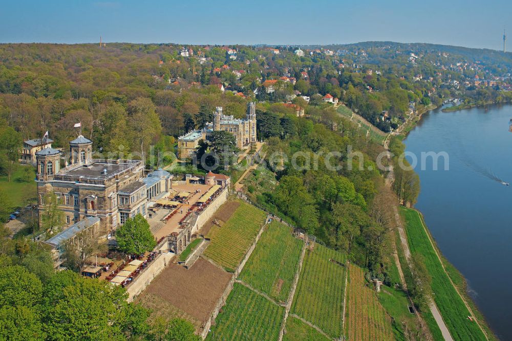 Aerial photograph Dresden - Das Lingnerschloss, eigentlich Villa Stockhausen welche heute als Veranstaltungshaus genutzt wird, ist das geografisch mittlere der drei Elbschlösser in Dresden / Sachsen. Das Schloss / Schloß Eckberg, eine Villa welche heute als Hotel genutzt wird, ist eines der drei Elbschlösser am rechten Elbufer in Dresden. Sie liegen im Dresdner Elbtal und gehören somit zum Weltkulturerbe der UNESCO. Castel Lingenschloss and Eckberg, a hotel and a place of event at the riverside of the Elbe river in Dresden / Saxony.