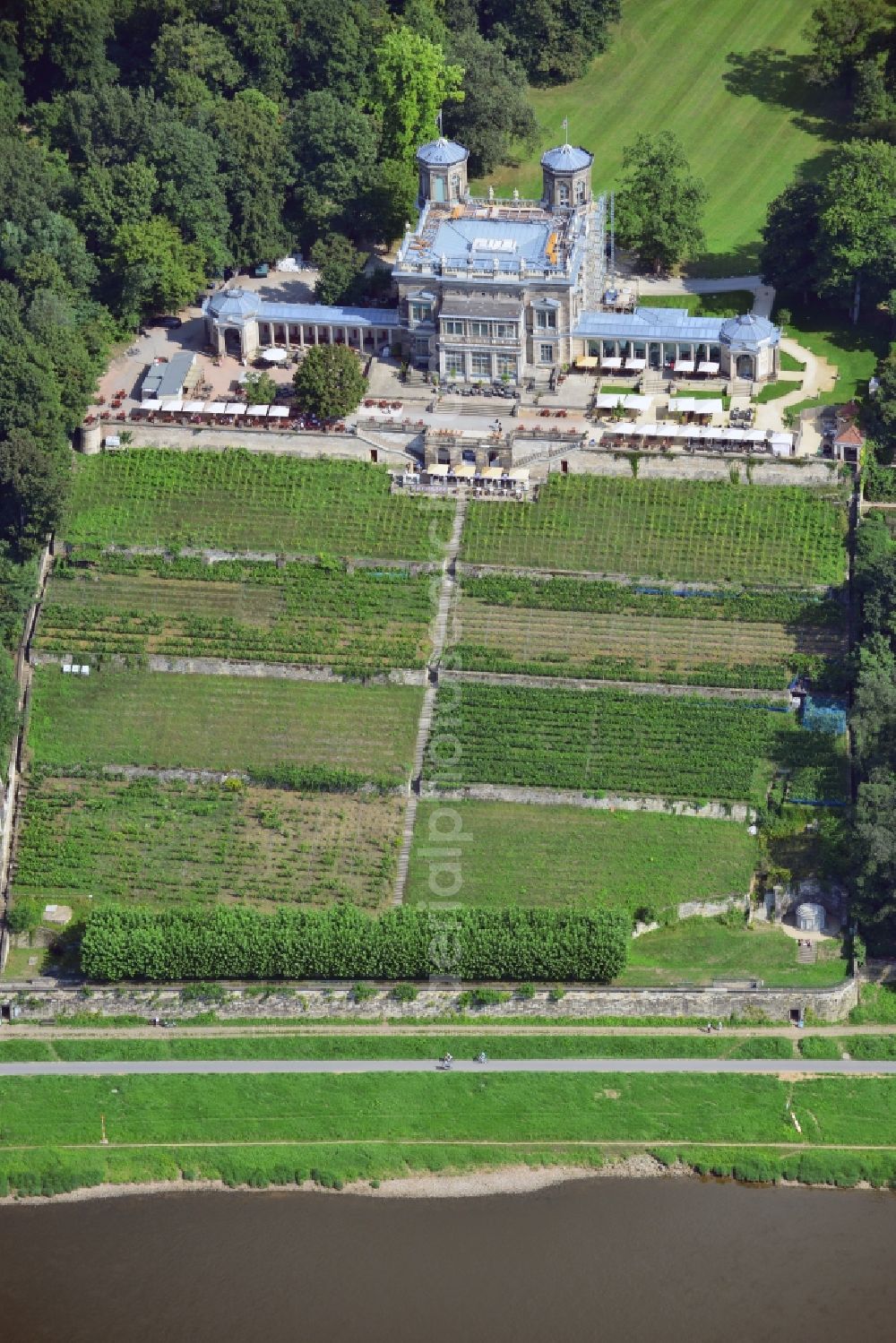 Dresden from the bird's eye view: View of the castle Lignerschloss ( also known as Villa Stockhausen ) at the banks of the river Elbe in Dresden in the state Saxony. The villa stands as the center of the three Elbe castles at Loschwitzer Elbhang and was built in the classicistic style from 1850 to 1853. The renovation and restoration works are financed by donations and the association Foederverein Lignerschloss e.V