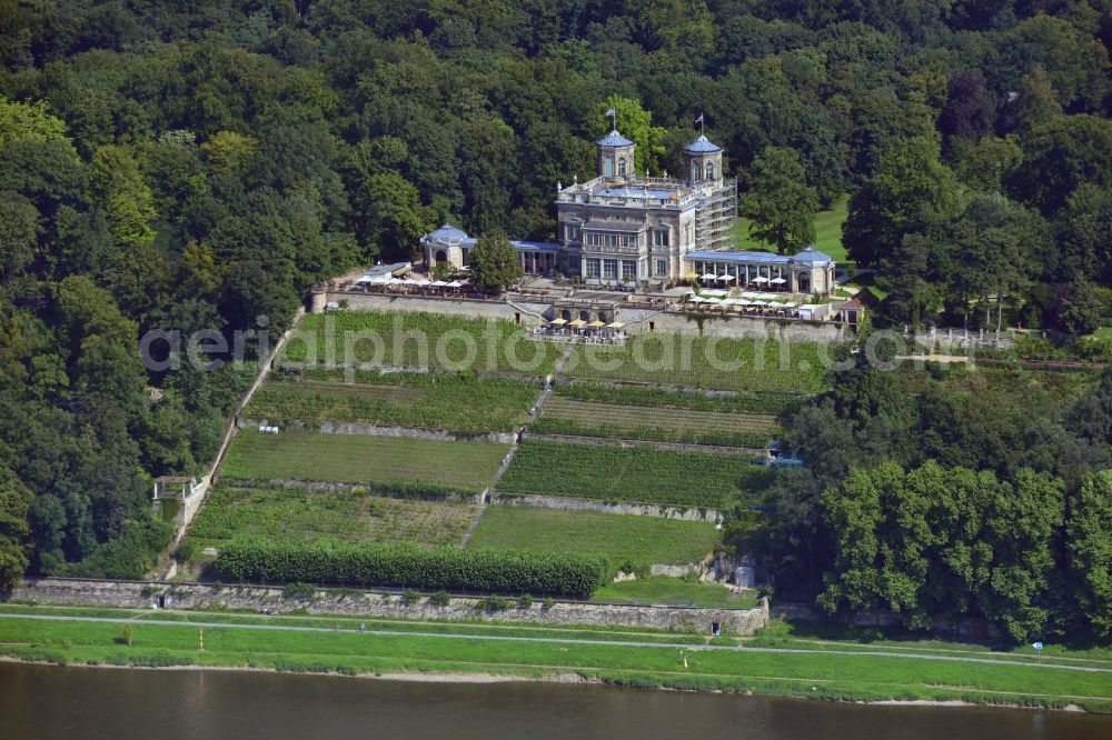 Aerial image Dresden - View of the castle Lignerschloss ( also known as Villa Stockhausen ) at the banks of the river Elbe in Dresden in the state Saxony. The villa stands as the center of the three Elbe castles at Loschwitzer Elbhang and was built in the classicistic style from 1850 to 1853. The renovation and restoration works are financed by donations and the association Foederverein Lignerschloss e.V