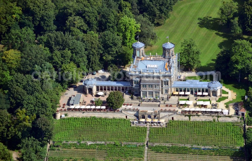 Dresden from the bird's eye view: View of the castle Lignerschloss ( also known as Villa Stockhausen ) at the banks of the river Elbe in Dresden in the state Saxony. The villa stands as the center of the three Elbe castles at Loschwitzer Elbhang and was built in the classicistic style from 1850 to 1853. The renovation and restoration works are financed by donations and the association Foederverein Lignerschloss e.V