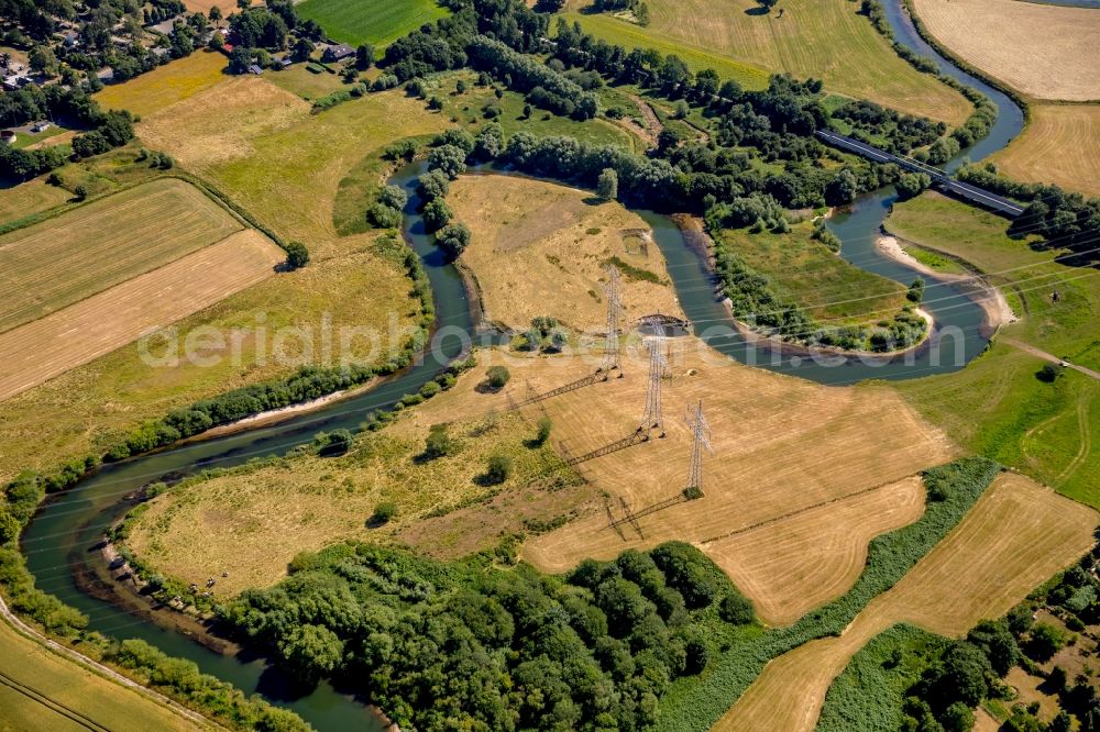 Ahlen from the bird's eye view: Curved loop of the riparian zones on the course of the river Lippe in Ahlen in the state North Rhine-Westphalia, Germany