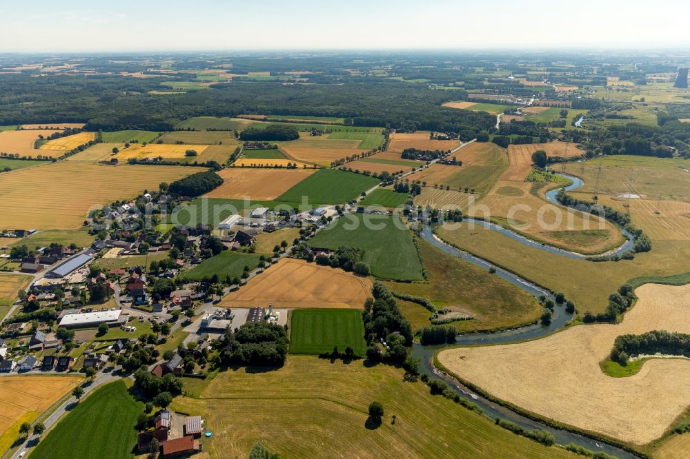 Ahlen from the bird's eye view: Curved loop of the riparian zones on the course of the river Lippe in Ahlen in the state North Rhine-Westphalia, Germany