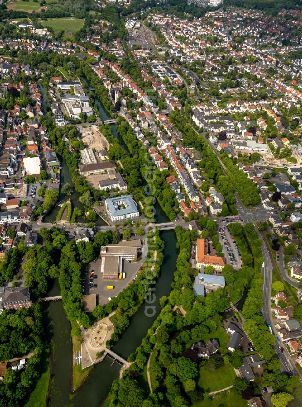 Lippstadt from the bird's eye view: View of an island in the river Lippe in Lippstadt in the state North Rhine-Westphalia