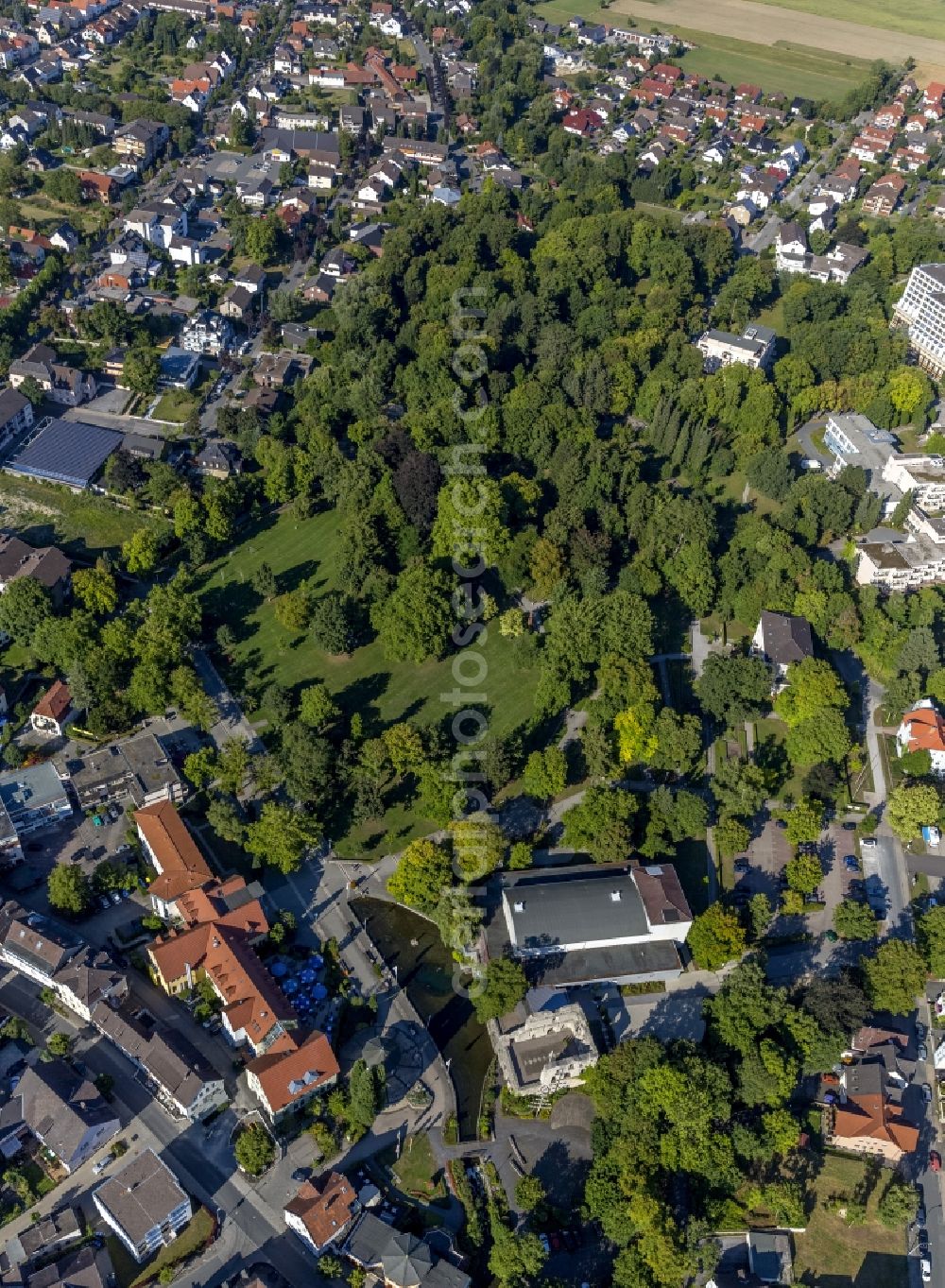 Bad Lippspringe from above - Lip source with Odin's Eye on the castle ruins Bad Lippspringe in the state of North Rhine-Westphalia