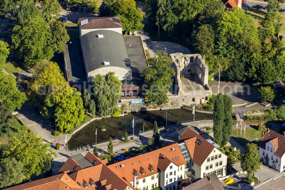 Bad Lippspringe from the bird's eye view: Lip source with Odin's Eye on the castle ruins Bad Lippspringe in the state of North Rhine-Westphalia