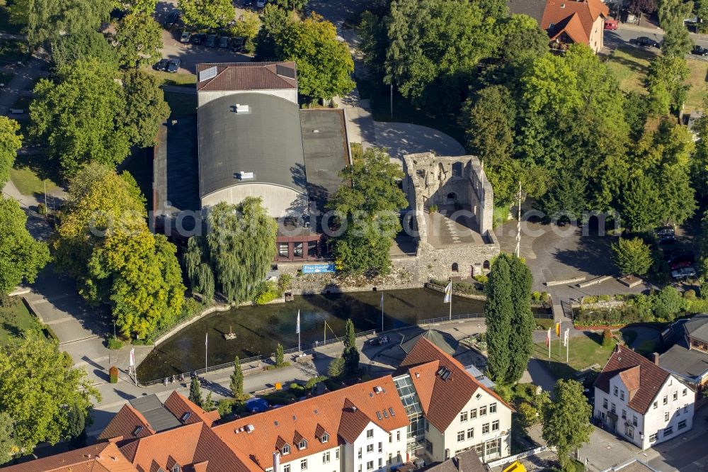 Aerial image Bad Lippspringe - Lip source with Odin's Eye on the castle ruins Bad Lippspringe in the state of North Rhine-Westphalia