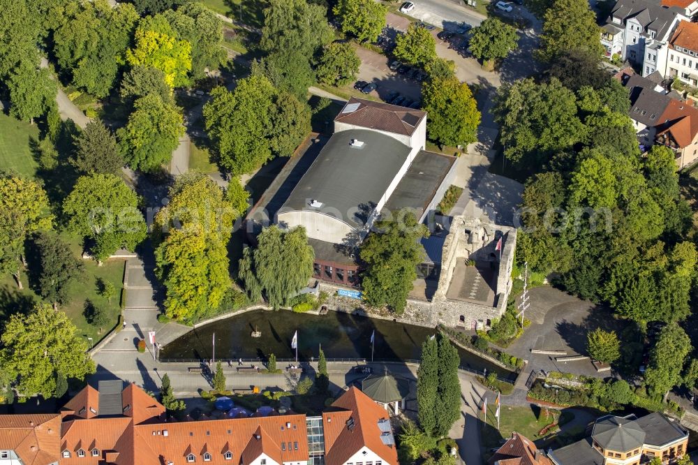 Bad Lippspringe from above - Lip source with Odin's Eye on the castle ruins Bad Lippspringe in the state of North Rhine-Westphalia